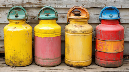 Colorful metal tanks in various shades lined up against wooden background, showcasing their unique designs and textures