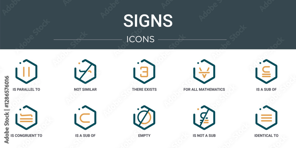Poster set of 10 outline web signs icons such as is parallel to, not similar, there exists, for all mathema