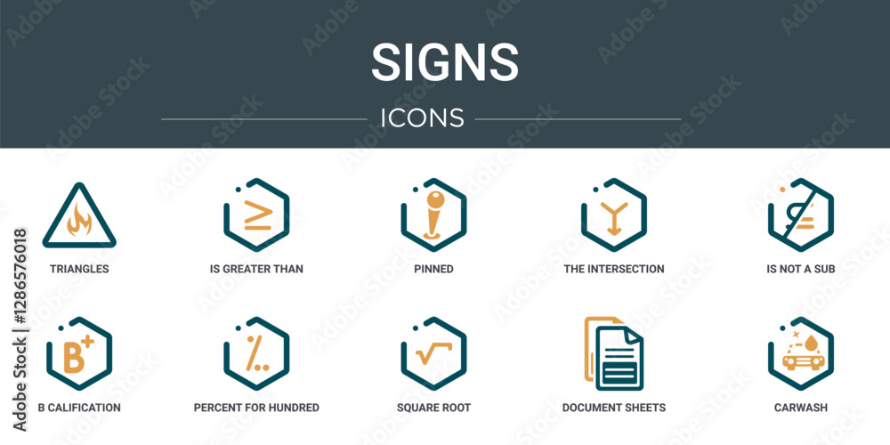 Poster set of 10 outline web signs icons such as triangles, is greater than or equal to, pinned, the inters