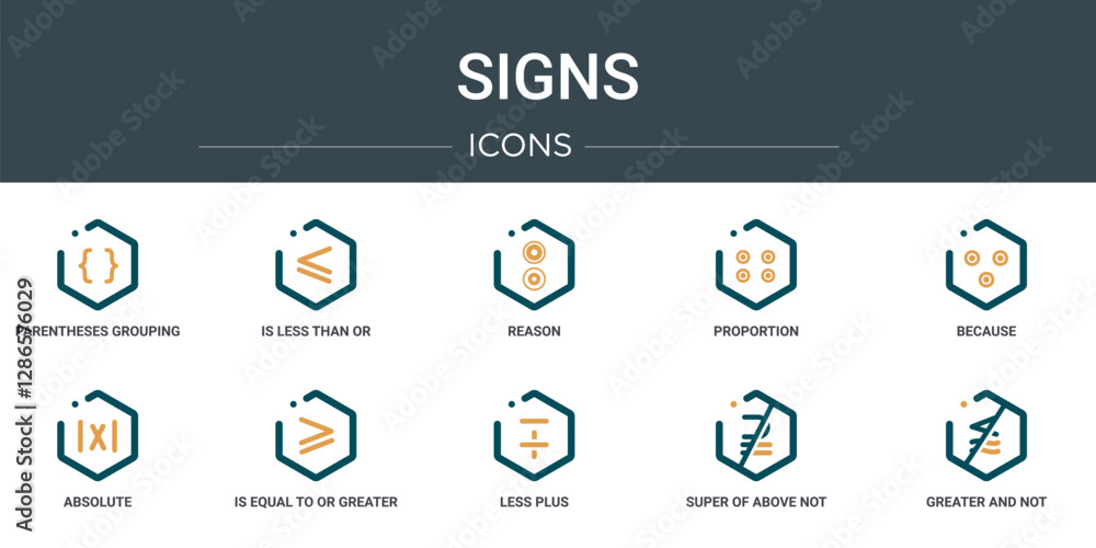 Poster set of 10 outline web signs icons such as parentheses grouping, is less than or equal to, reason, pr