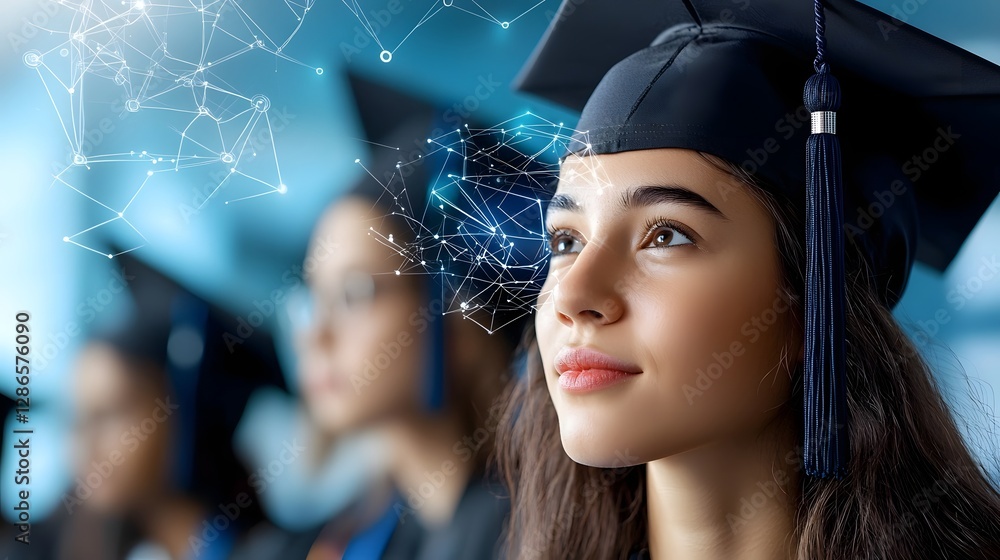 Poster cybernetic student silhouettes with floating holographic mortarboards interconnected by luminous dat