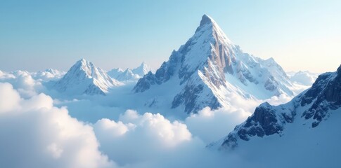 Obraz premium Jagged snow-covered summits shrouded in soft clouds , nature, peaks, snowy