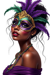 Fototapeta premium features a glamorous woman with dark curly hair wearing an elaborate green and purple Mardi Gras masquerade mask adorned with gold details and feathers, accessorized with matching jewelry and a gorgeo