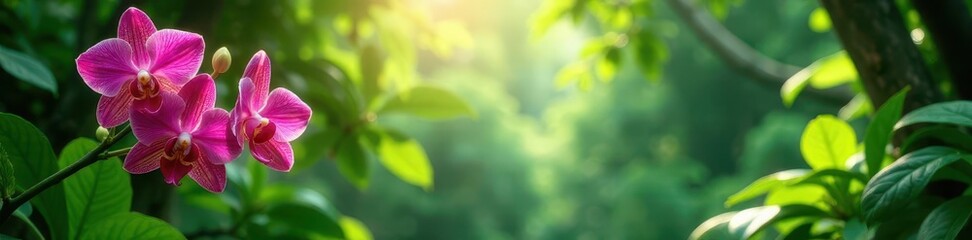 Lush green canopy, vibrant orchids, sunlight dappling through leaves ,  wallpaper,  orchids