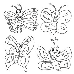 Cute cartoon hand drawn set of happy butterfly coloring page.