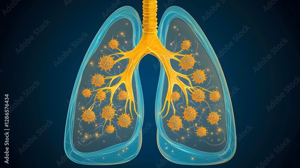Poster detailed digital depicting the internal structure of the lungs with a focus on the spread and of tb 