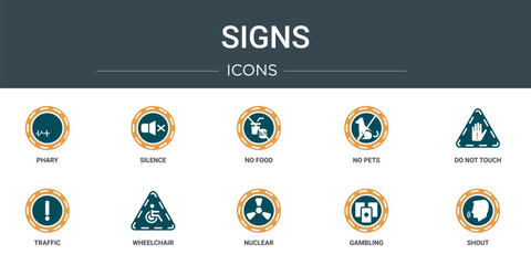 set of 10 outline web signs icons such as phary, silence, no food, no pets, do not touch, traffic, wheelchair vector icons for report, presentation, diagram, web design, mobile app