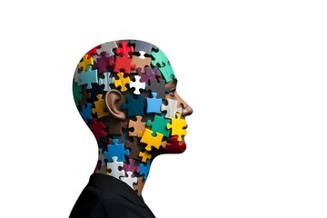 3D illustration of a human head built entirely from colorful jigsaw puzzle pieces isolated on white background with copy space. Represents complex thought, neurological mapping, cognitive diversity