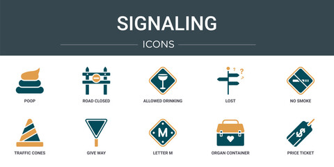 set of 10 outline web signaling icons such as poop, road closed, allowed drinking, lost, no smoke, traffic cones, give way vector icons for report, presentation, diagram, web design, mobile app