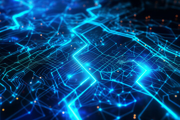 A high-tech digital background featuring a futuristic representation of technology processes, neural networks, artificial intelligence, data transfer, and encryption 