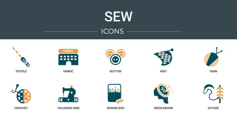set of 10 outline web sew icons such as textile, fabric, button, knit, yarn, crochet, tailoring hine vector icons for report, presentation, diagram, web design, mobile app