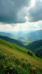 Fototapeta premium Rolling hills under heavy clouds, scenic vista, clouds, landscape