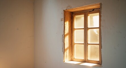 Fototapeta premium Sunlight streams across a wall illuminating the window and frame.