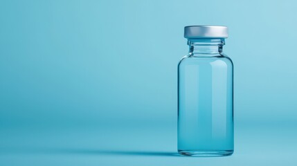 A clear glass vial sits against a soft blue background, showcasing its sleek design and simplicity.