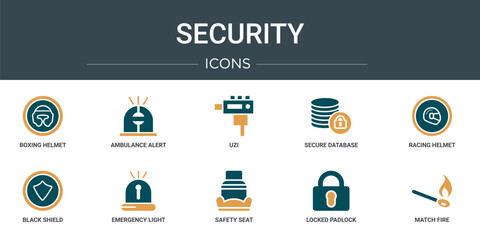 set of 10 outline web security icons such as boxing helmet, ambulance alert, uzi, secure database, racing helmet, black shield, emergency light vector icons for report, presentation, diagram, web