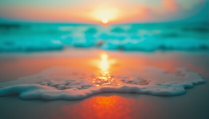 Obraz premium A warm, sun-kissed beach scene fades into inspirational quotes in the background, set against a vibrant turquoise and coral sunset gradient radiating optimism.