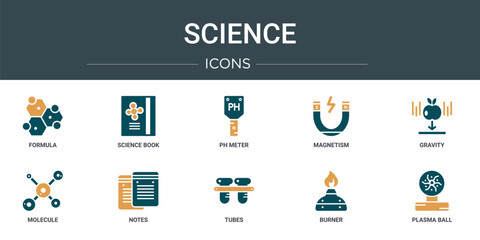 set of 10 outline web science icons such as formula, science book, ph meter, magnetism, gravity, molecule, notes vector icons for report, presentation, diagram, web design, mobile app