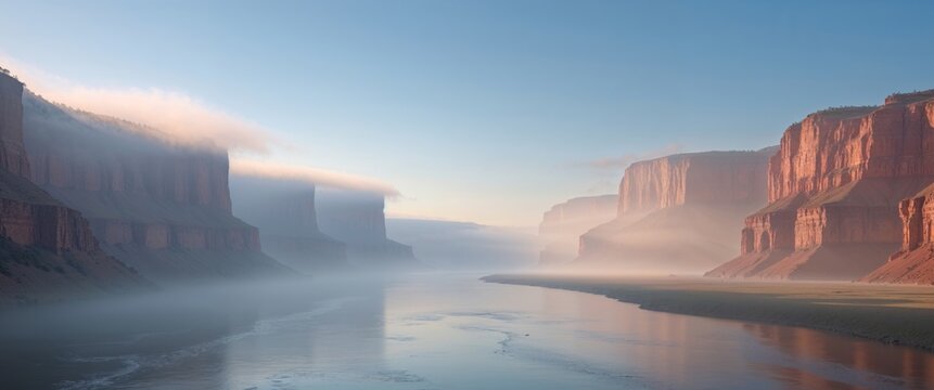 Exploring a misty canyon with calm waters and towering cliffs at dawn