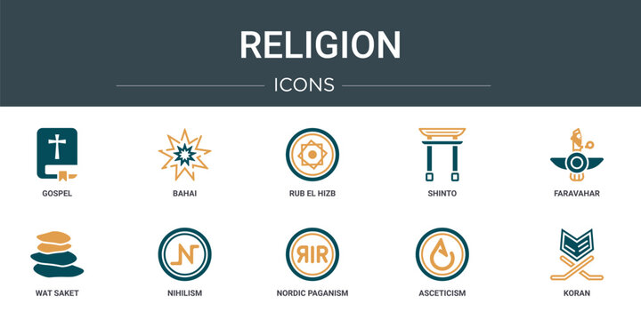 set of 10 outline web religion icons such as gospel, bahai, rub el hizb, shinto, faravahar, wat saket, nihilism vector icons for report, presentation, diagram, web design, mobile app