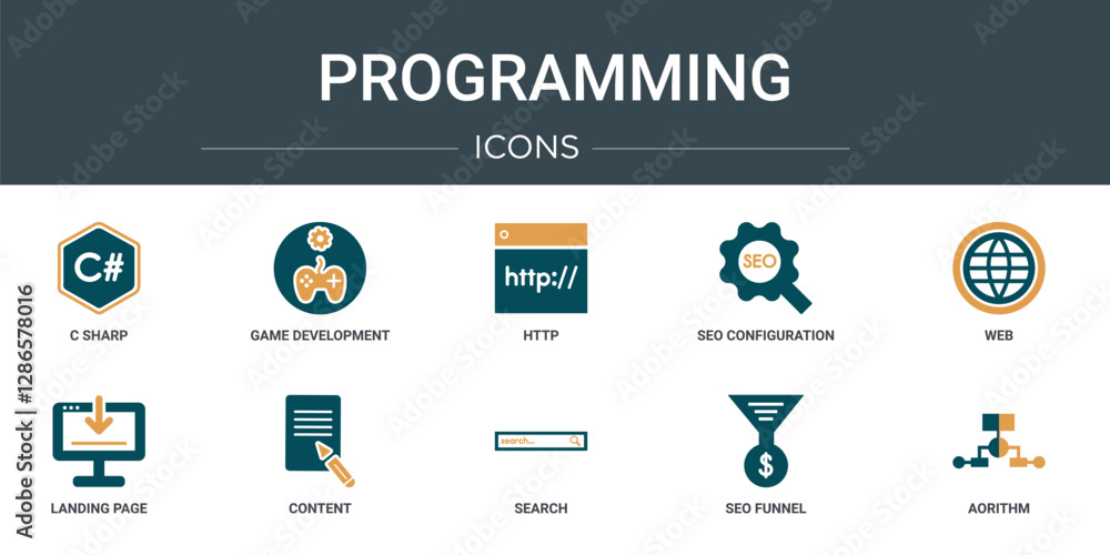 Poster set of 10 outline web programming icons such as c sharp, game development, http, seo configuration, 
