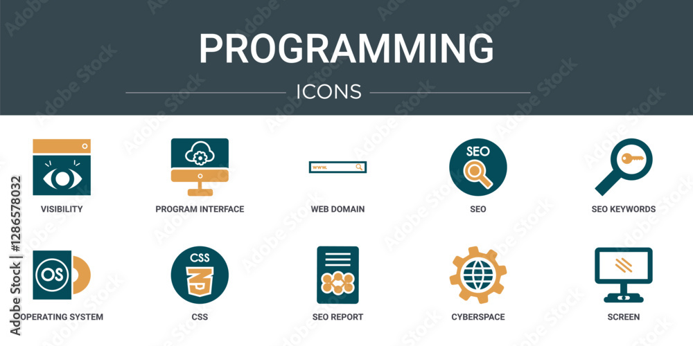 Poster set of 10 outline web programming icons such as visibility, program interface, web domain, seo, seo 