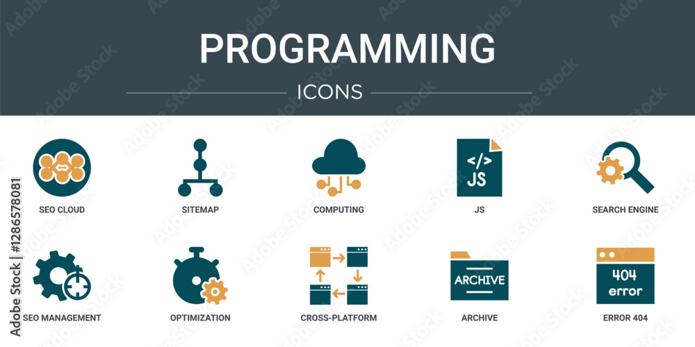 Poster set of 10 outline web programming icons such as seo cloud, sitemap, computing, js, search engine, se
