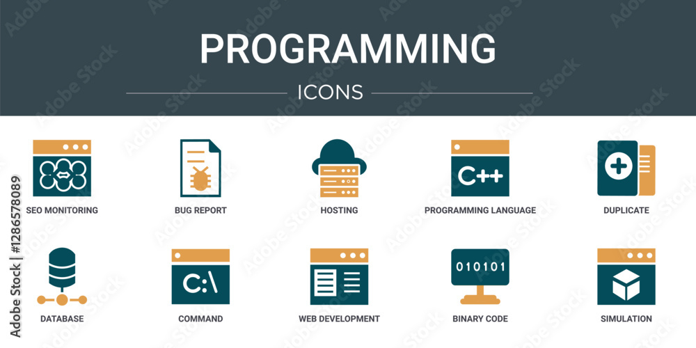 Poster set of 10 outline web programming icons such as seo monitoring, bug report, hosting, programming lan