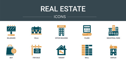 set of 10 outline web real estate icons such as billboard, villa, office building, plans, industrial park, buy, for sale vector icons for report, presentation, diagram, web design, mobile app