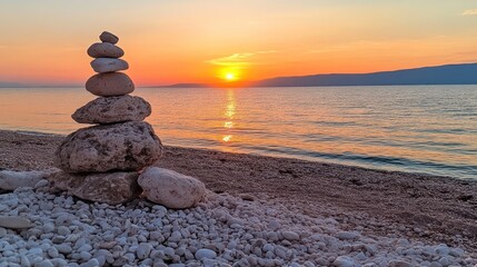 Balanced Stone Cairn on Beach at Golden Sunset Creates Peaceful Scene