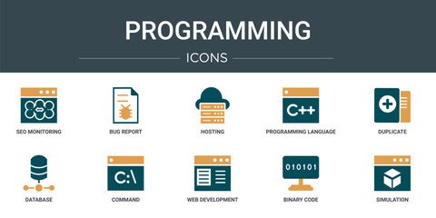 set of 10 outline web programming icons such as seo monitoring, bug report, hosting, programming language, duplicate, database, command vector icons for report, presentation, diagram, web design,