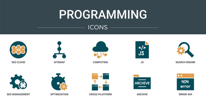 set of 10 outline web programming icons such as seo cloud, sitemap, computing, js, search engine, seo management, optimization vector icons for report, presentation, diagram, web design, mobile app