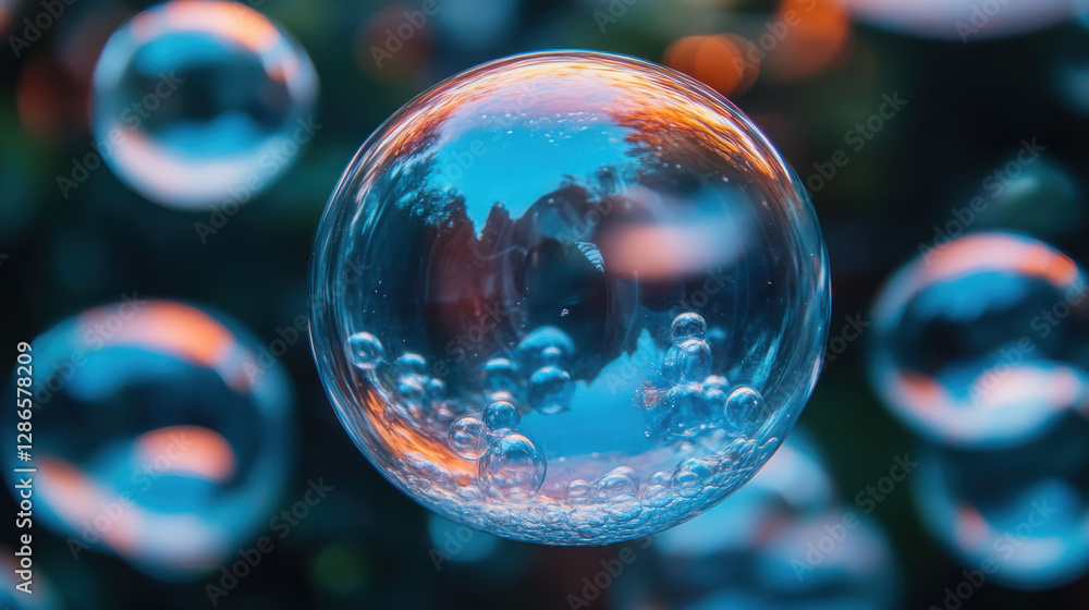 Poster colorful bubbles floating in dark background create magical atmosphere