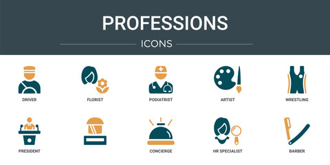 set of 10 outline web professions icons such as driver, florist, podiatrist, artist, wrestling, president,   vector icons for report, presentation, diagram, web design, mobile app
