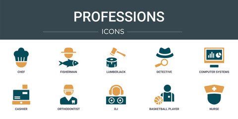 set of 10 outline web professions icons such as chef, fisherman, lumberjack, detective, computer systems analyst, cashier, orthodontist vector icons for report, presentation, diagram, web design,