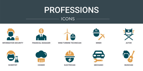 set of 10 outline web professions icons such as information security analyst, financial manager, wind turbine technician, miner, actor, scientist, cooker vector icons for report, presentation,