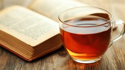 Glass cup of amber tea with open book on wooden table near sunlight-lit green plants.
