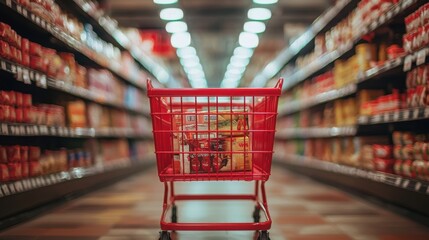 An empty red shopping cart stands ready amidst a supermarket aisle