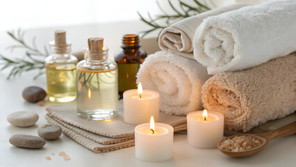 Luxury Spa Setting with Towels, Candles, Essential Oils, and Relaxing Decor