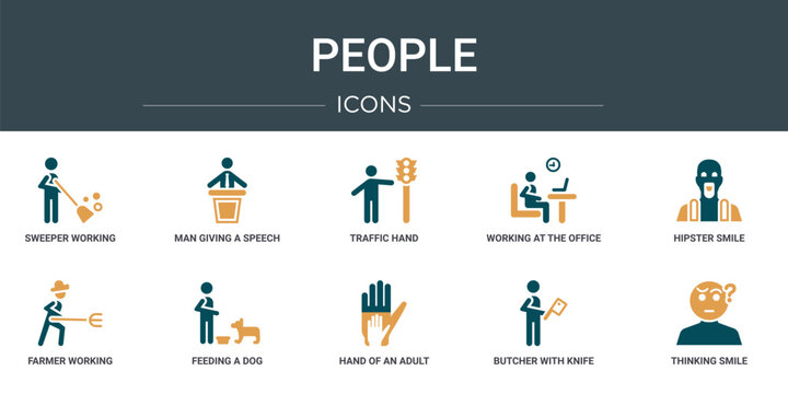 set of 10 outline web people icons such as sweeper working, man giving a speech, traffic hand, working at the office, hipster smile, farmer working, feeding a dog vector icons for report,