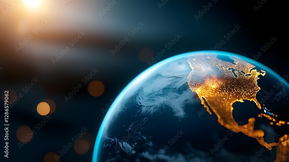 Poster futuristic global music streams emanating from a virtual reality earth surrounded by luminous hologr