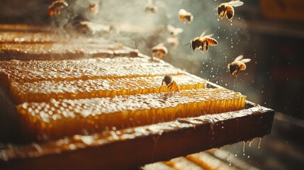 Captivating close-up of busy bees working diligently on honey cells in hive