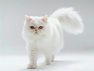 A white Persian cat walks towards us, with a white background.
