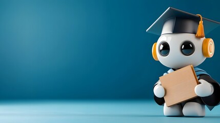 Futuristic holographic wooden graduate robot figurine with glowing neon textures and digital mortar board showcasing an AI driven