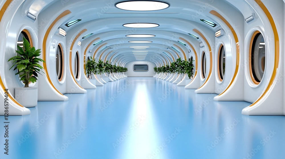 Poster futuristic modern abstract hallway with a sleek white structure and an infinite perspective linear s