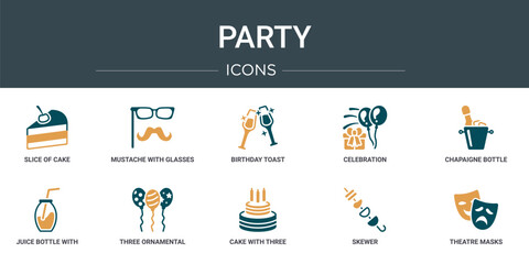 set of 10 outline web party icons such as slice of cake, mustache with glasses, birthday toast, celebration, chapaigne bottle in bucket, juice bottle with straw, three ornamental balloons vector