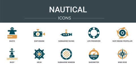 set of 10 outline web nautical icons such as buoys, ship engine, submarine facing right, life preserver, ship engine propeller, buoy, helm vector icons for report, presentation, diagram, web design,