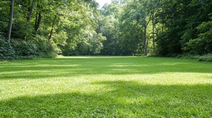 Sunlit meadow in lush green forest; tranquil nature scene