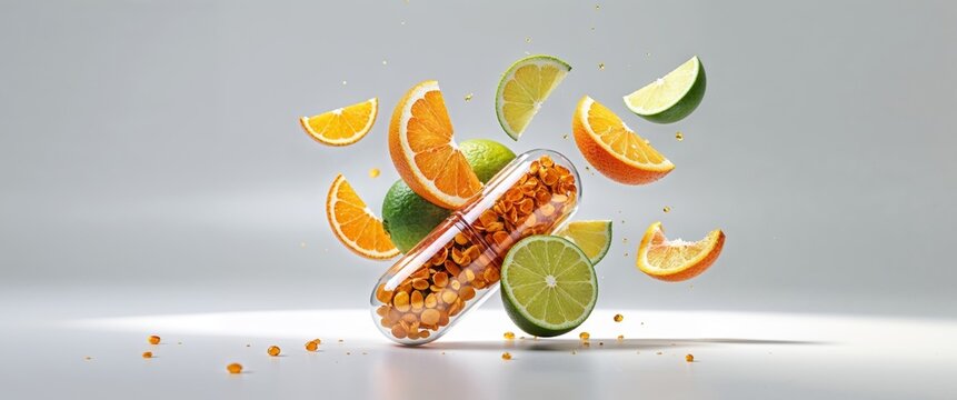 vitamin c pill open with citrus fruits jumping out.