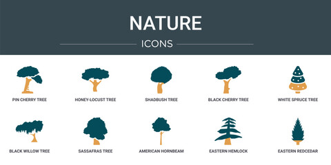 set of 10 outline web nature icons such as pin cherry tree, honey-locust tree, shadbush tree, black cherry white spruce black willow sassafras vector icons for report, presentation, diagram, web