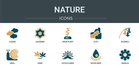 Obraz premium set of 10 outline web nature icons such as clouds, oleander, grow plant, cliff, bluebell, snail, hemp vector icons for report, presentation, diagram, web design, mobile app